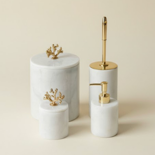 White Marble Bathroom Set with Gold Coral Detail (4 Pieces, Handcrafted)