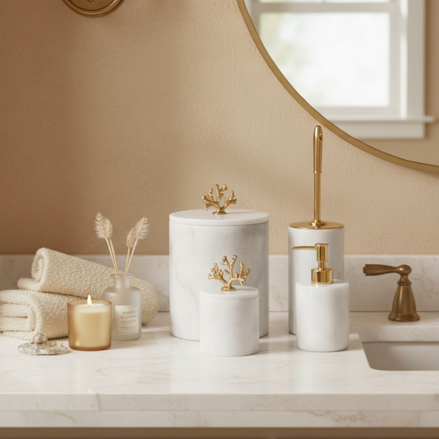 White Marble Bathroom Set with Gold Coral Detail (4 Pieces, Handcrafted)