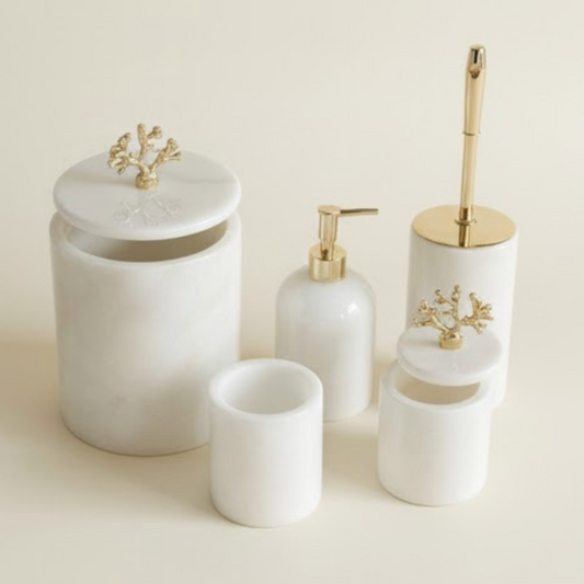 White Marble Bathroom Set with Gold Coral Detail (5 Pieces, Handcrafted)