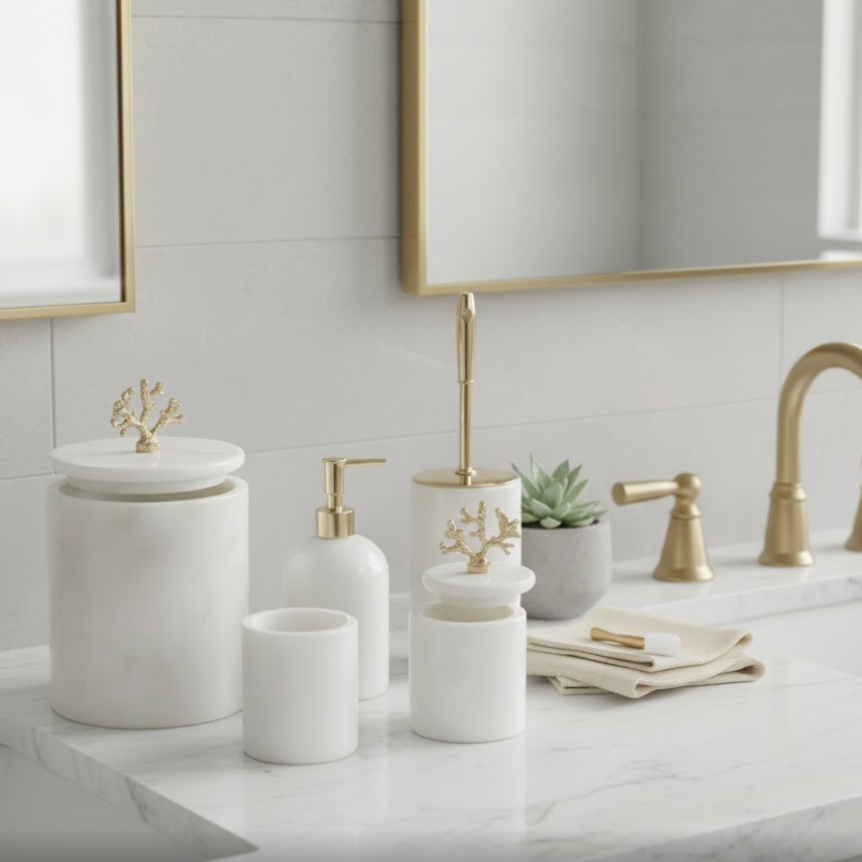 White Marble Bathroom Set with Gold Coral Detail (5 Pieces, Handcrafted)
