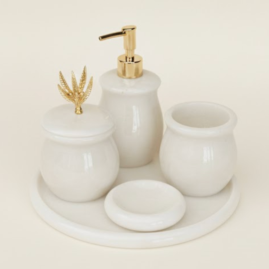 White Natural Stone Bathroom Set – Gold Leaf Detail (5 Pieces, Handcrafted)