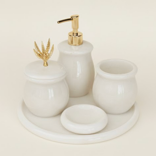 White Natural Stone Bathroom Set – Gold Leaf Detail (5 Pieces, Handcrafted)