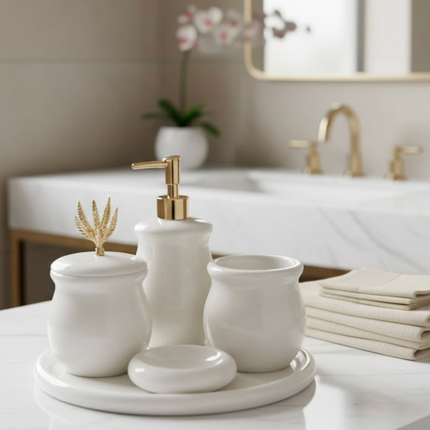 White Natural Stone Bathroom Set – Gold Leaf Detail (5 Pieces, Handcrafted)