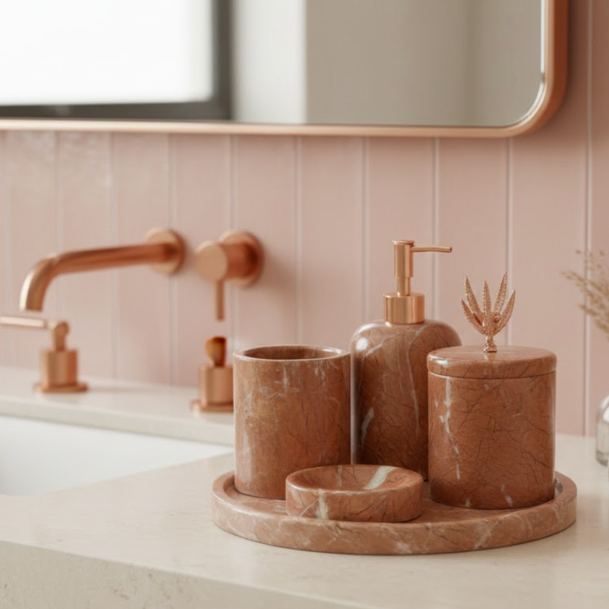 Rose Pink Marble Bathroom Set (5 Pieces, Handcrafted)