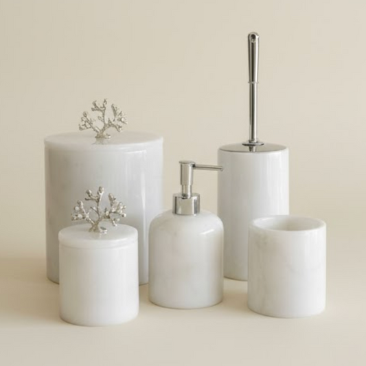 White Marble Bathroom Set with Silver Coral Detail (5 Pieces, Handcrafted)