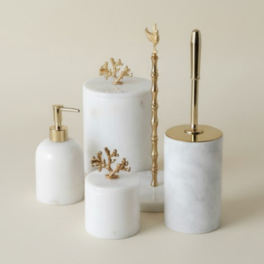 White Marble Bathroom Set with Gold Wheat Detail (5 Pieces, Handcrafted)