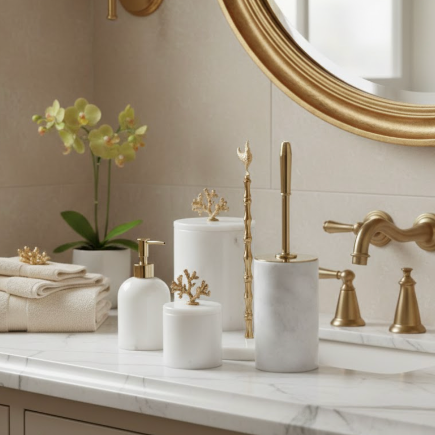 White Marble Bathroom Set with Gold Wheat Detail (5 Pieces, Handcrafted)