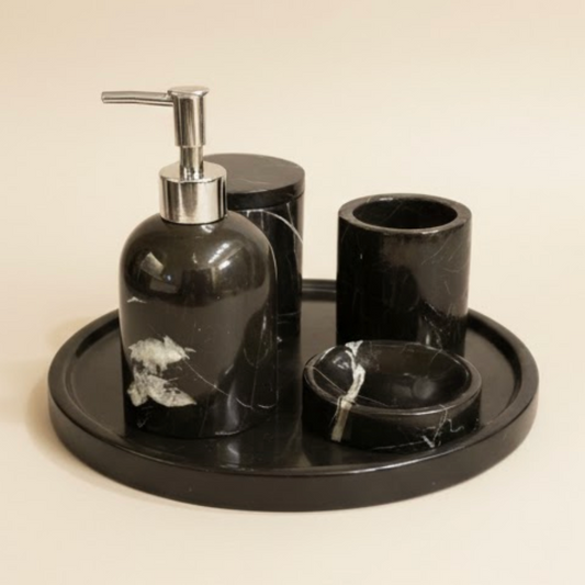Black Marble Bathroom Set – Circular Tray (5 Pieces, Handcrafted)