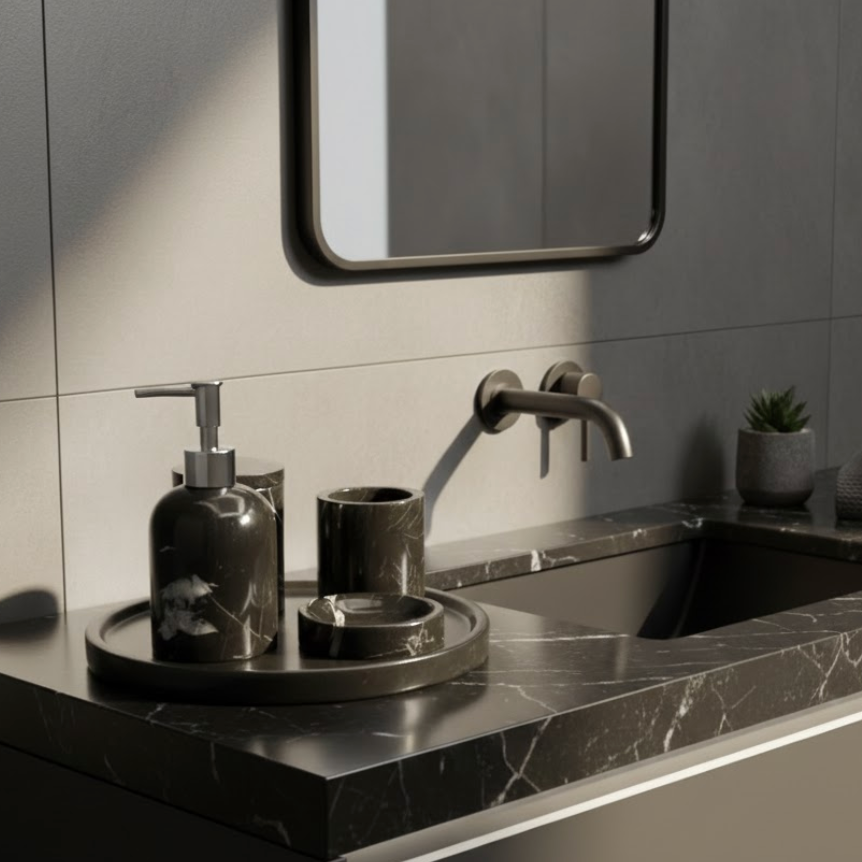 Black Marble Bathroom Set – Circular Tray (5 Pieces, Handcrafted)