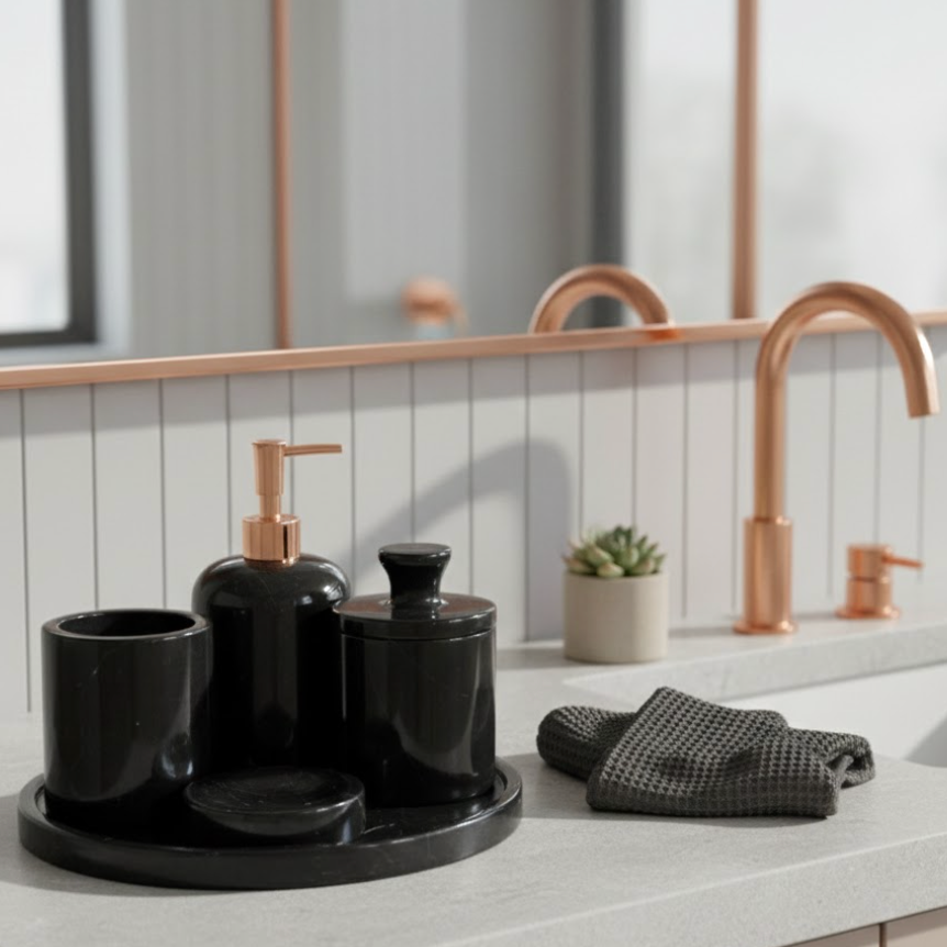 Black Marble Bathroom Set – 5 Pieces (Handcrafted)