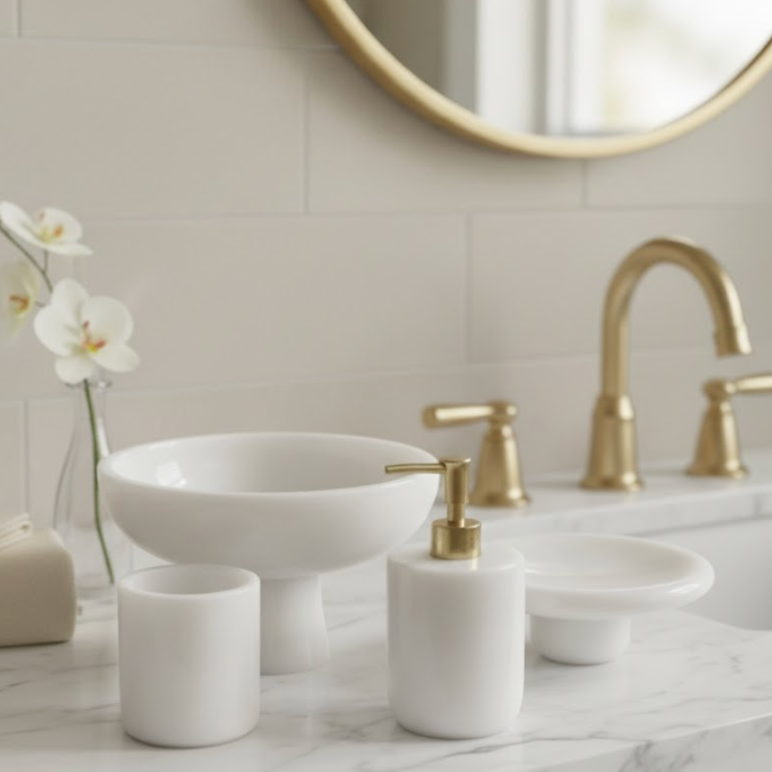 White Marble Presentation Bathroom Set – 4 Pieces (Handcrafted)