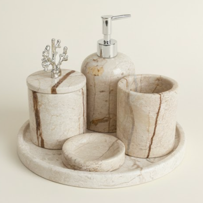 Beige Marble Bathroom Set (5 Pieces, Handcrafted)