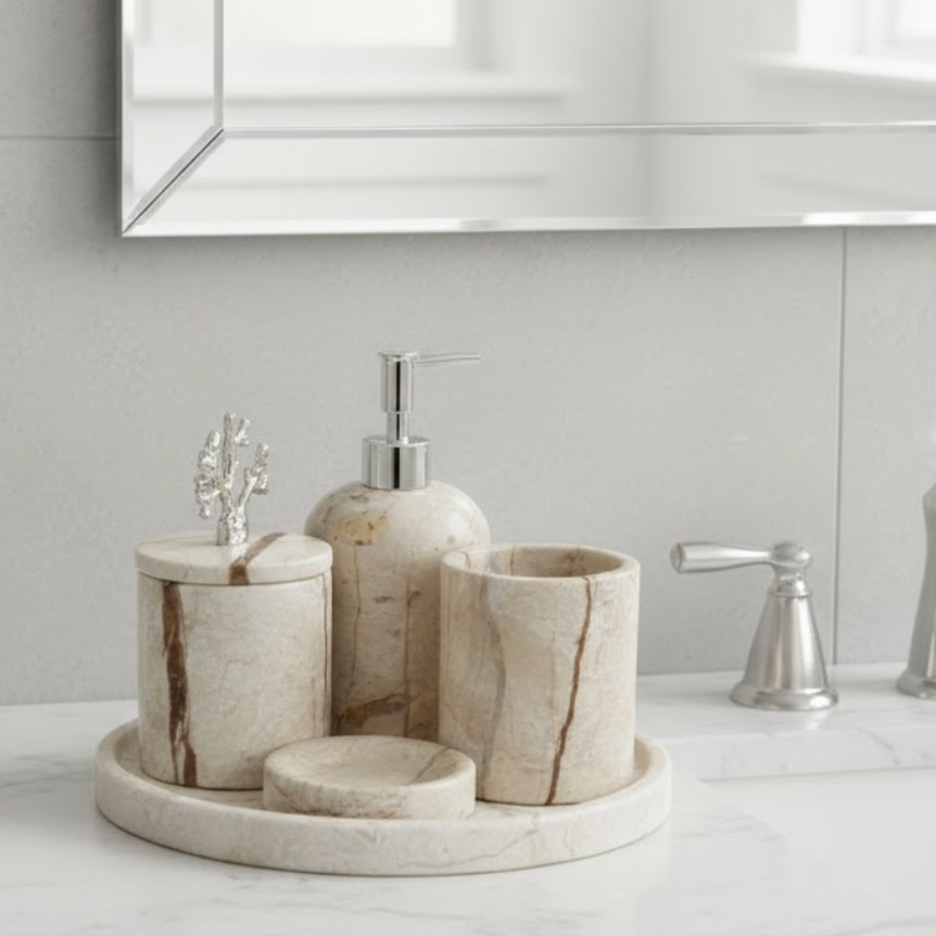 Beige Marble Bathroom Set (5 Pieces, Handcrafted)