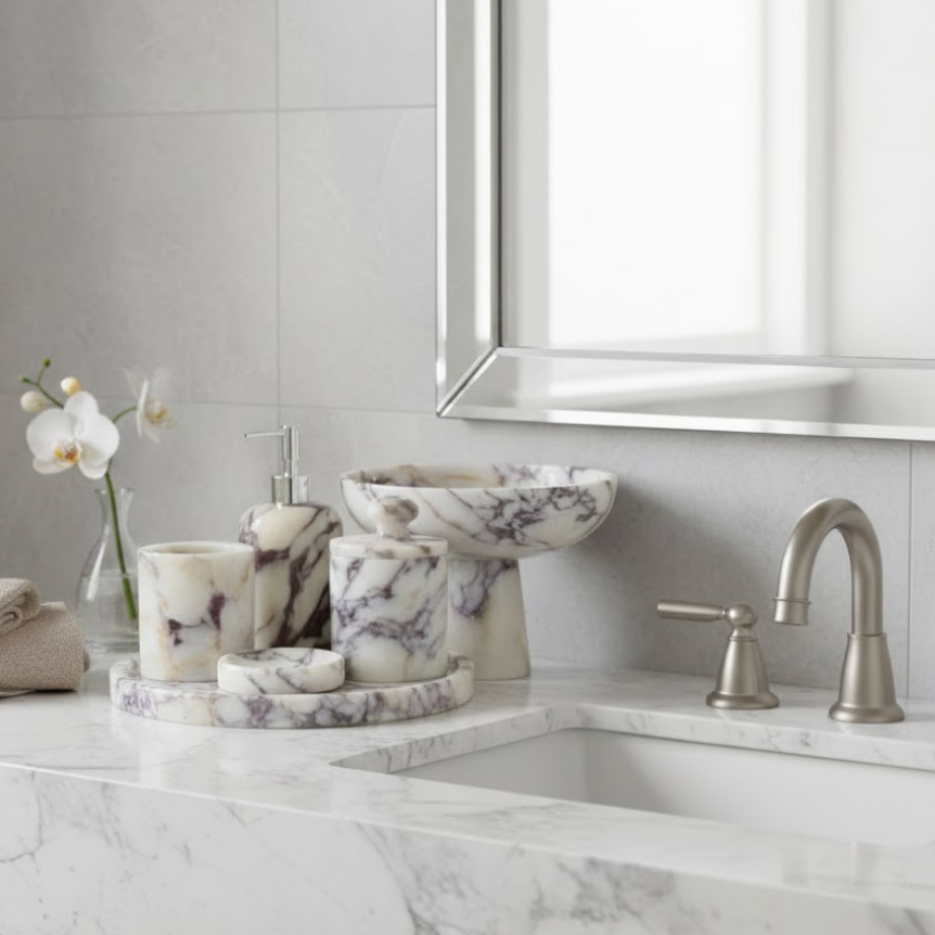 Violet Marble Bathroom Set – 6 Pieces (Handcrafted)