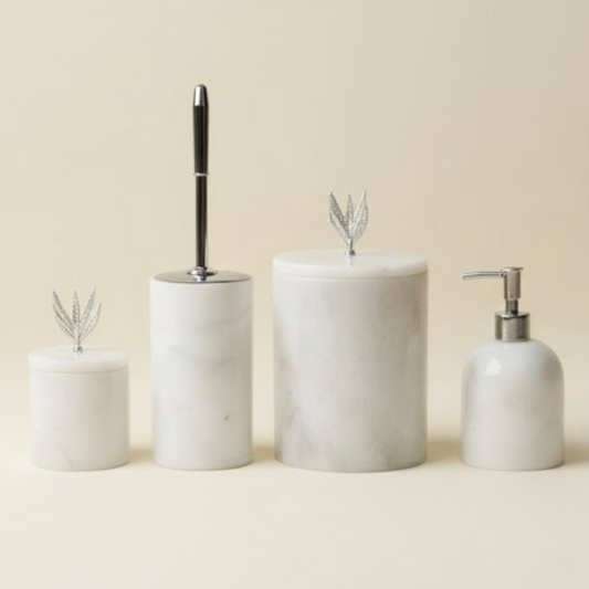 White Marble Bathroom Set with Silver Olive Branch Detail – 4 Pieces (Handcrafted)