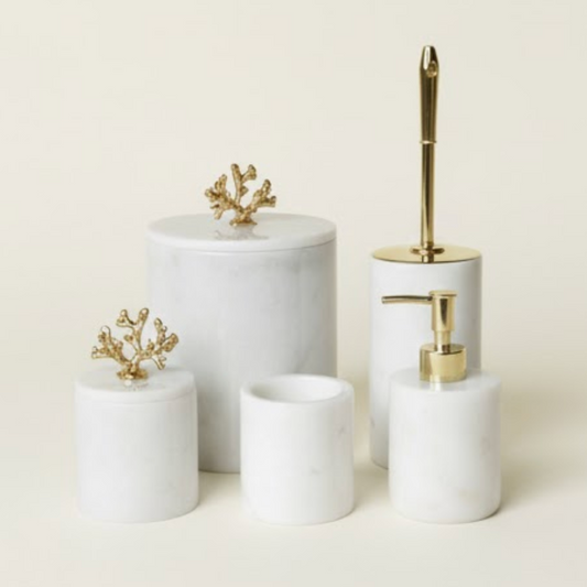 White Marble Bathroom Set with Gold Coral Detail – 5 Pieces (Handcrafted)