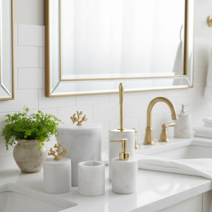 White Marble Bathroom Set with Gold Coral Detail – 5 Pieces (Handcrafted)