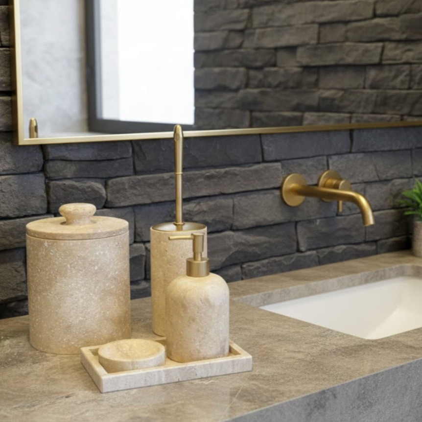 Travertine Natural Stone Bathroom Set – 5 Pieces (Handcrafted)