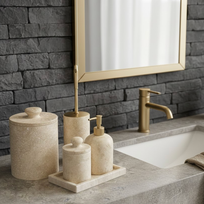 Travertine Natural Stone Bathroom Set – 5 Pieces (Handcrafted)
