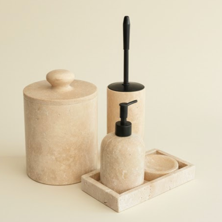 Travertine Bathroom Set with Rectangular Tray – 5 Pieces (Handcrafted)