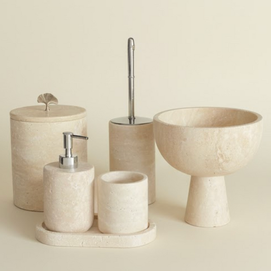 Travertine Bathroom Set – 6 Pieces with Pedestal Towel Bowl (Handcrafted)