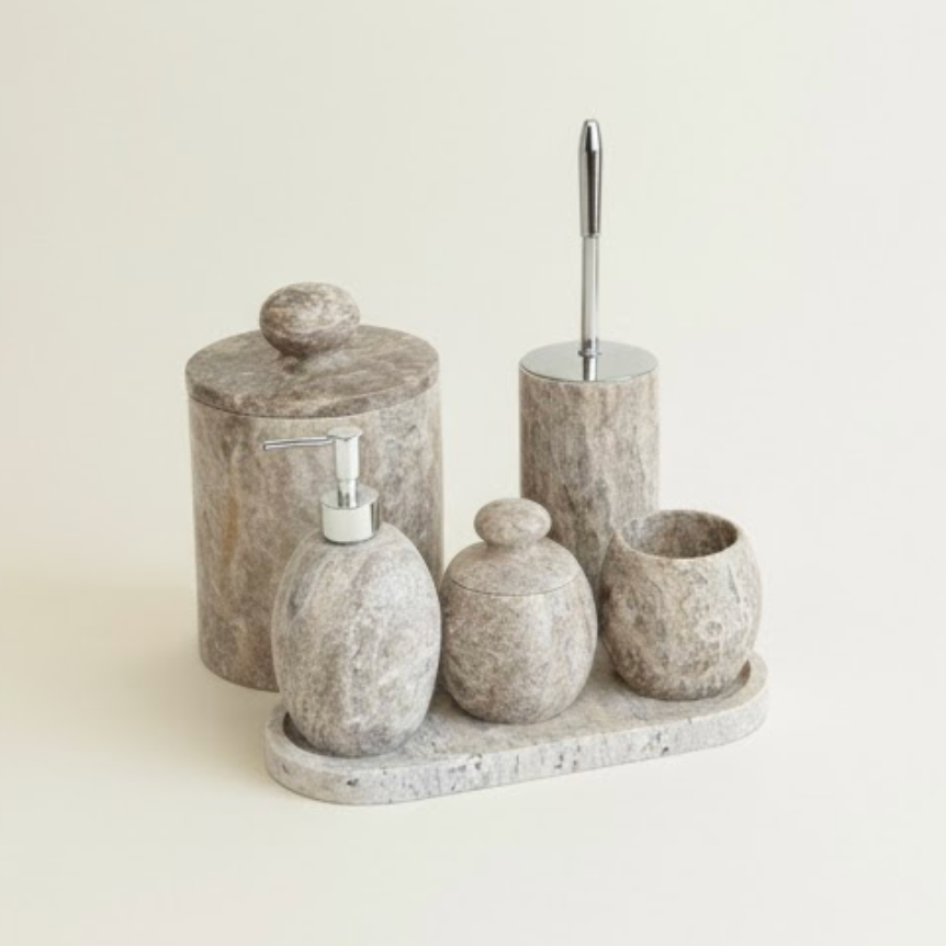 Silver Travertine Oval Bathroom Set – 6 Pieces (Handcrafted)