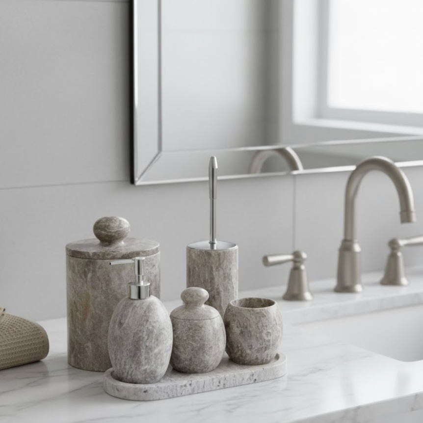 Silver Travertine Oval Bathroom Set – 6 Pieces (Handcrafted)