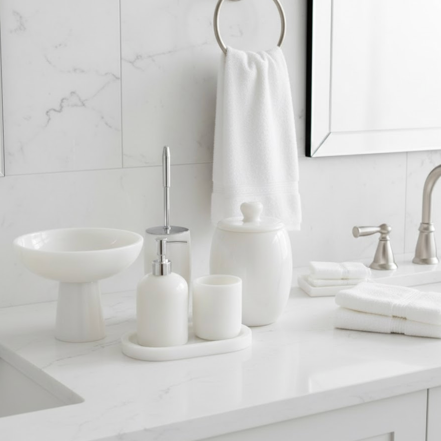 Oval White Marble Bathroom Set – 6 Pieces (Handcrafted)