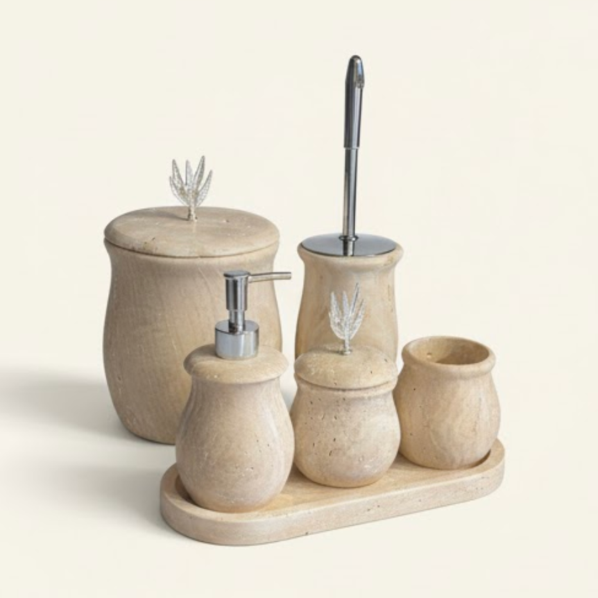 Travertine Natural Stone Bathroom Set – 6 Pieces (Handcrafted)