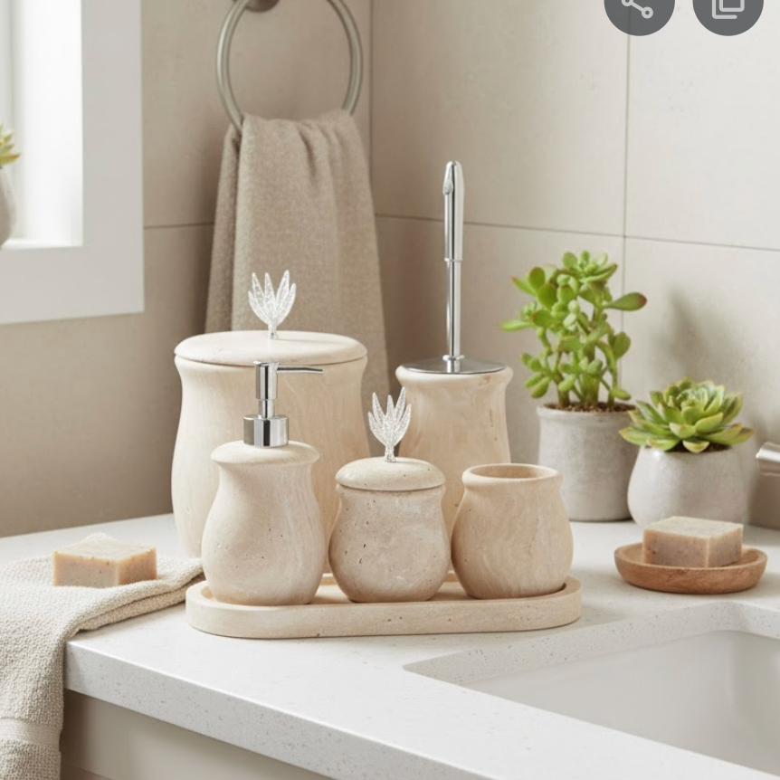 Travertine Natural Stone Bathroom Set – 6 Pieces (Handcrafted)