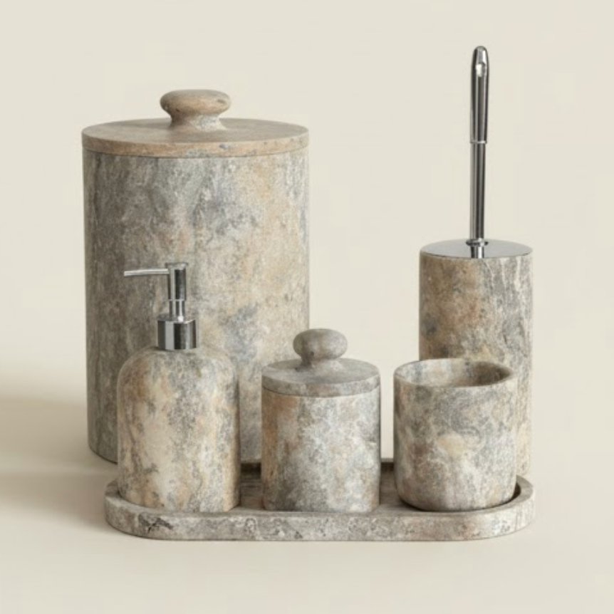 Silver Travertine Bathroom Set – 6 Pieces (Handcrafted)