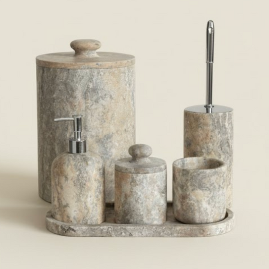 Silver Travertine Bathroom Set – 6 Pieces (Handcrafted)