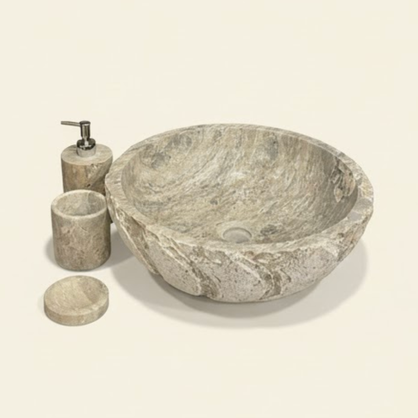 Silver Travertine Bathroom & Sink Set – 4 Pieces (Handcrafted)