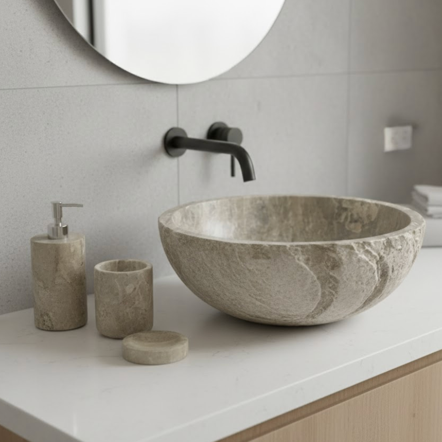 Silver Travertine Bathroom & Sink Set – 4 Pieces (Handcrafted)