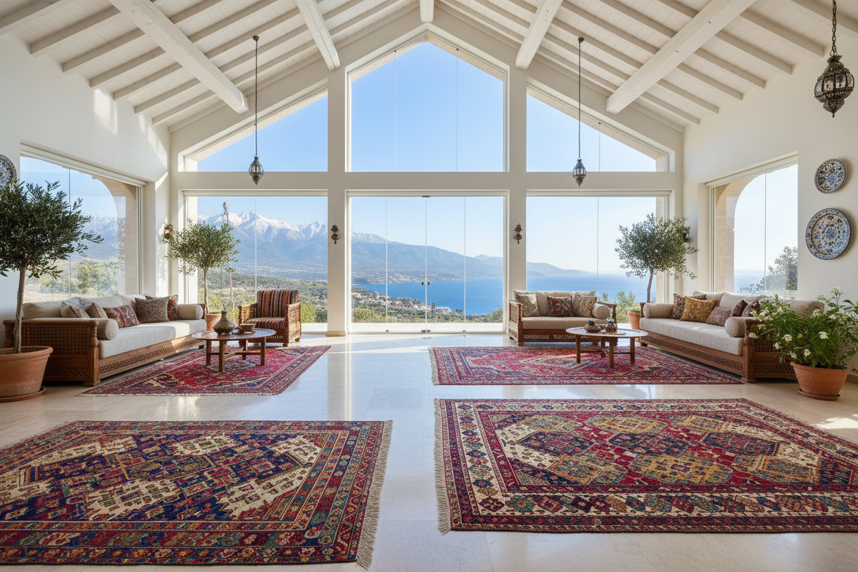 çok ferah ve güzel manzaralı bir evde kaiteli Türk halıları